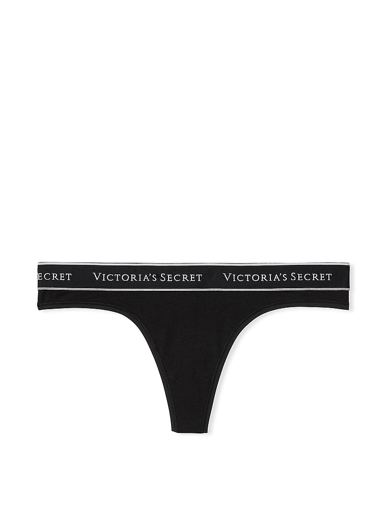 Logo Cotton Thong Panty – Black