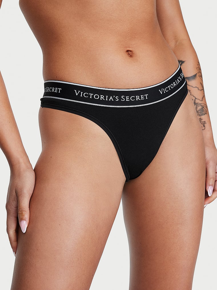 Logo Cotton Thong Panty – Black