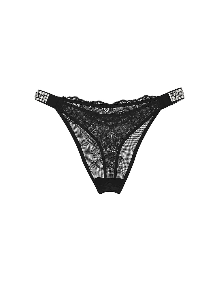 Shine Strap Lace Thong Panty – Black