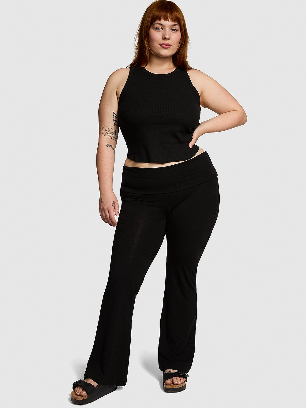 All Day Cotton Foldover Flare Leggings - Pure Black