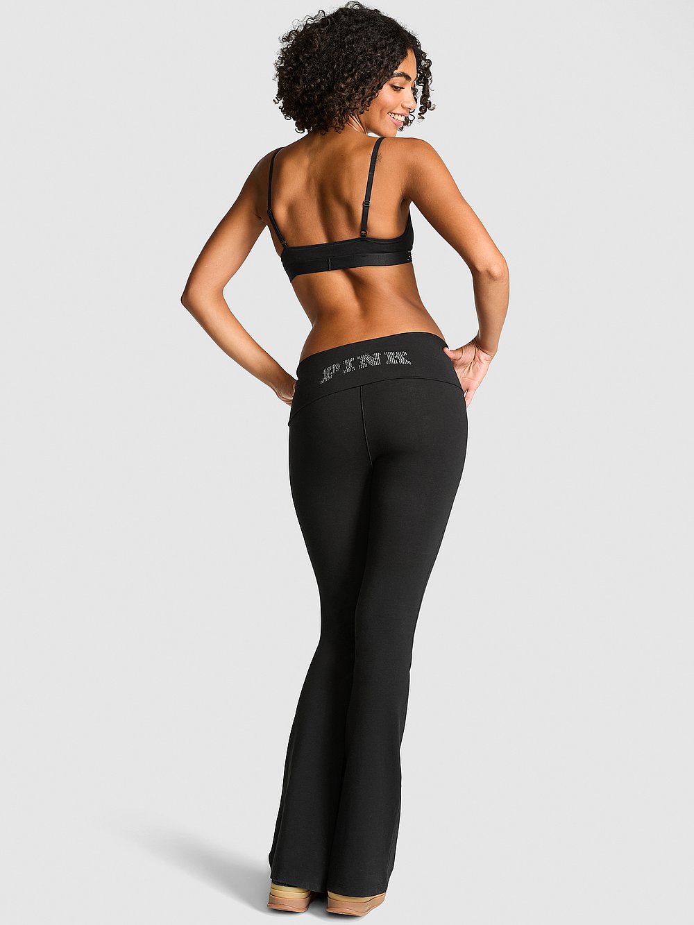 All Day Cotton Foldover Flare Leggings - Black Bling