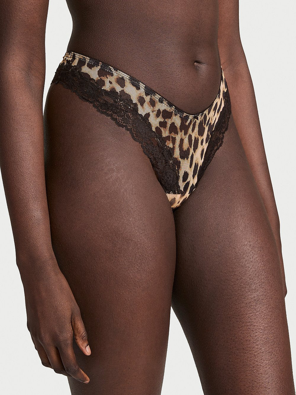 Mesh Lace Trim High Leg Thong Panty - Nærbuxur