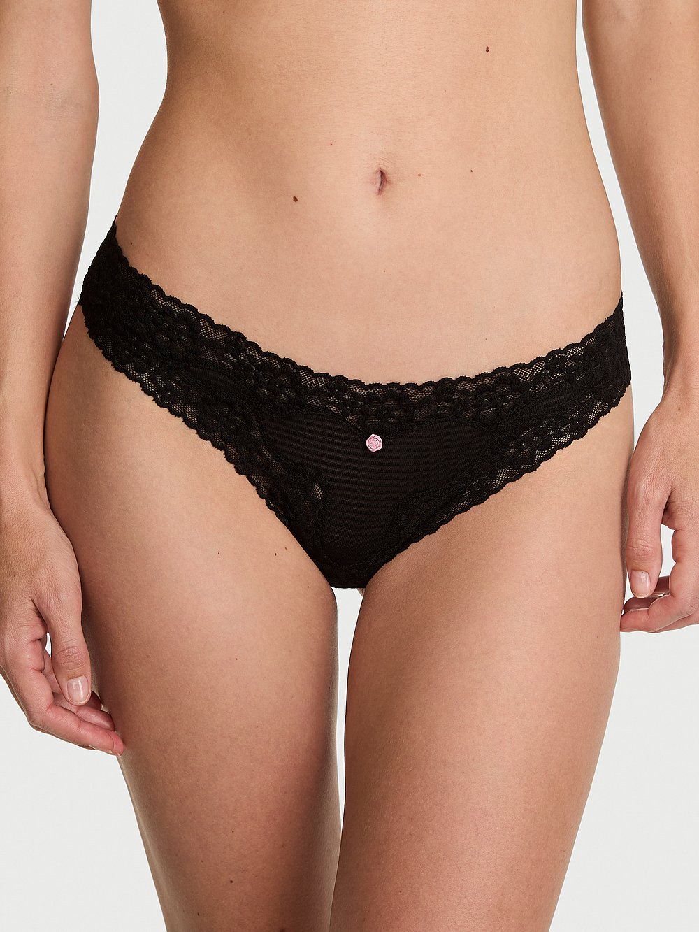 Cotton Shadow Stripe Lace Waist Thong Panty - Nærbuxur