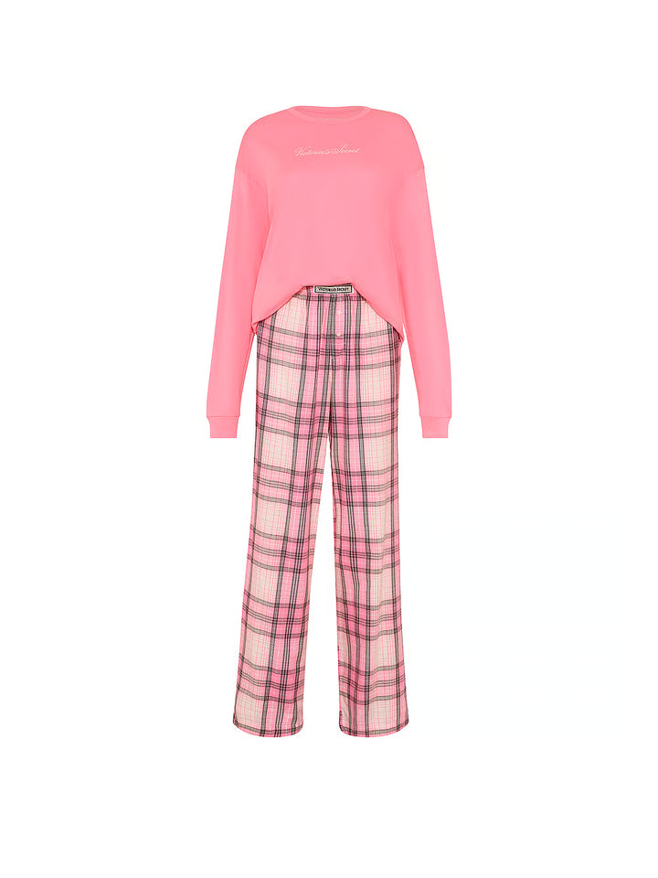 Flannel Long Tee-Jama Set &amp; Scrunchie – Náttföt