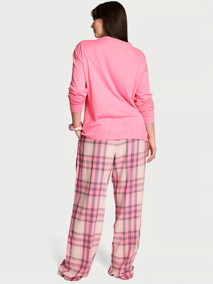 Flannel Long Tee-Jama Set &amp; Scrunchie – Náttföt