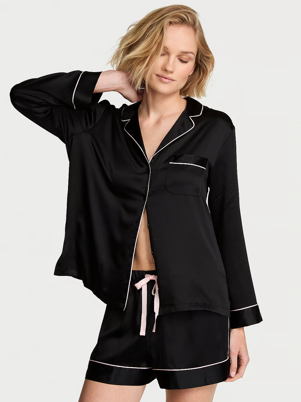 Signature Satin Long-Sleeve Short Pajama Set – Náttföt