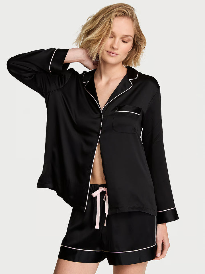 Signature Satin Long-Sleeve Short Pajama Set – Náttföt