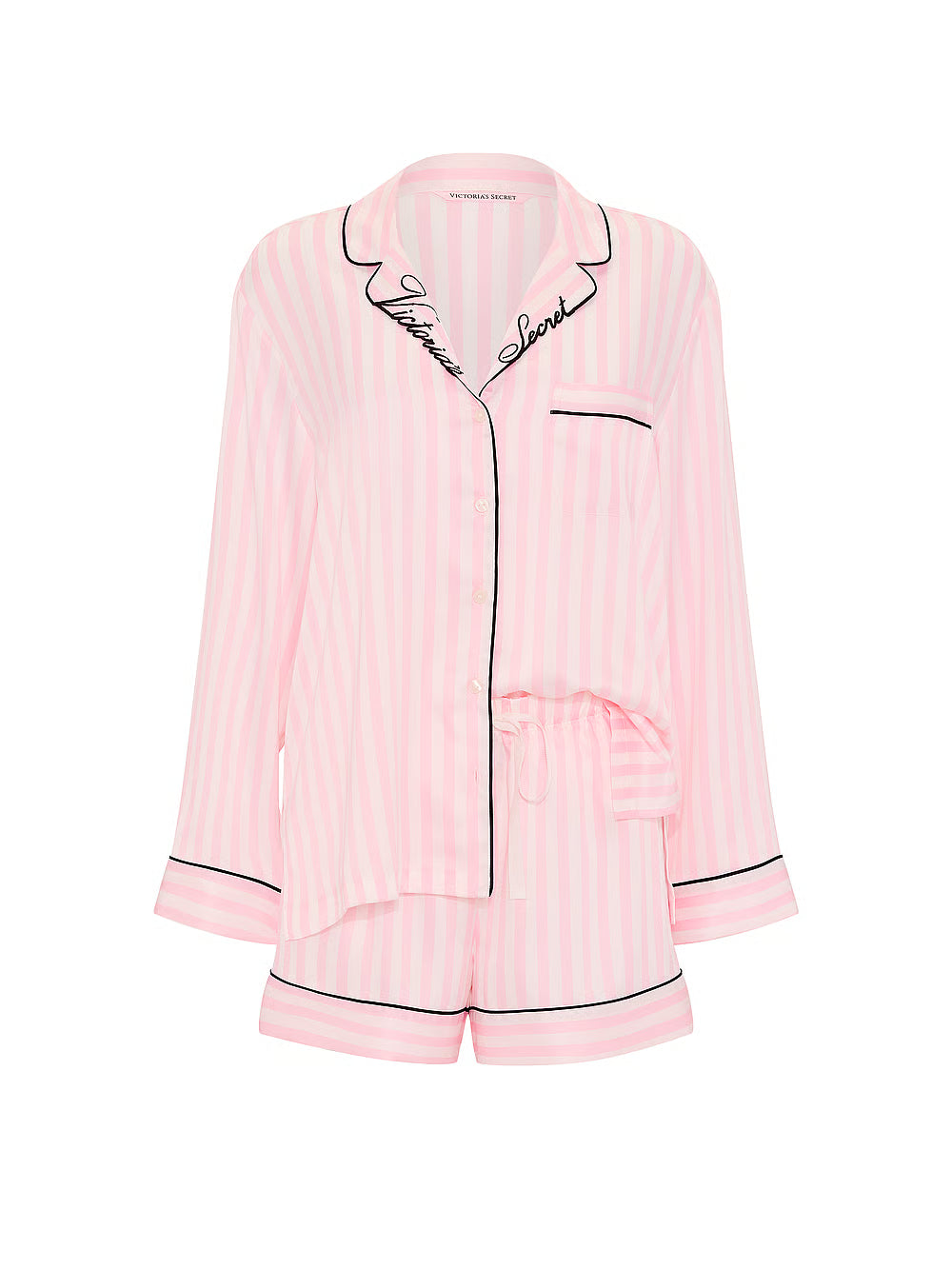 Signature Satin Long-Sleeve Short Pajama Set – Náttföt