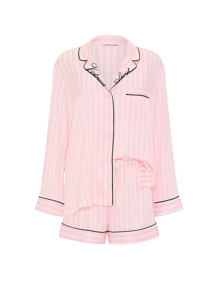 Signature Satin Long-Sleeve Short Pajama Set – Náttföt