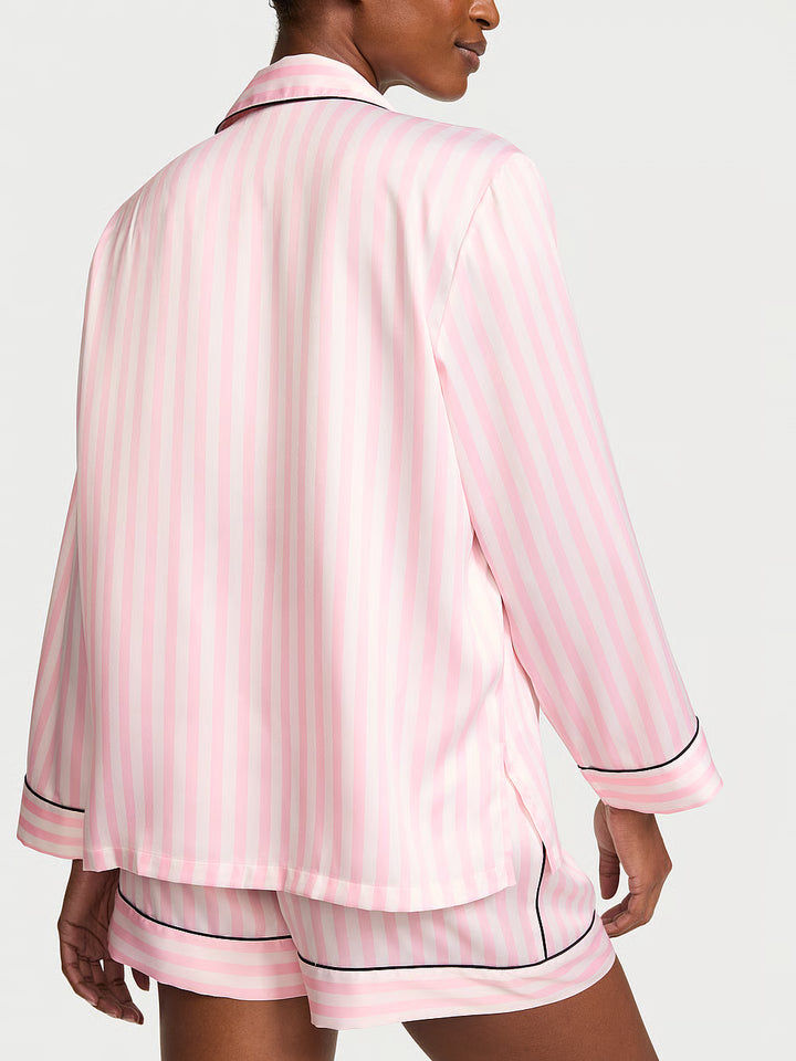 Signature Satin Long-Sleeve Short Pajama Set – Náttföt