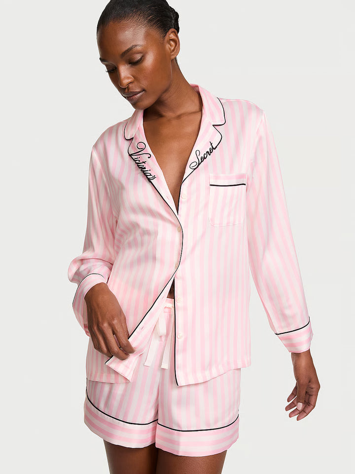 Signature Satin Long-Sleeve Short Pajama Set – Náttföt