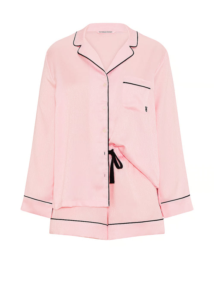 Signature Satin Long-Sleeve Short Pajama Set – Náttföt