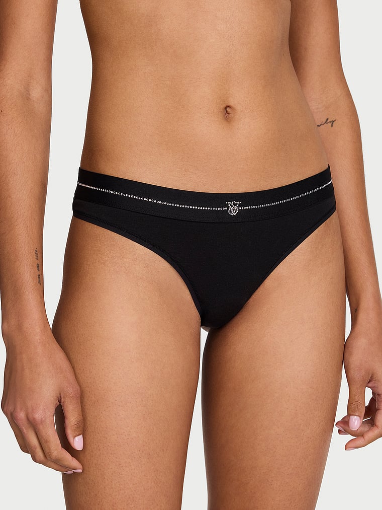 Shine Logo Cotton Thong Panty – Black