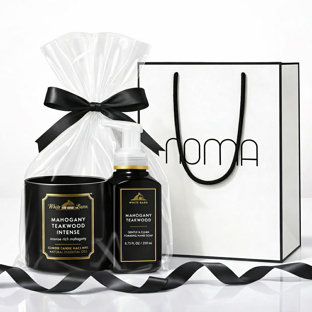 Mahogany Teakwood gjafasett – Ilmkerti &amp; froðusápa