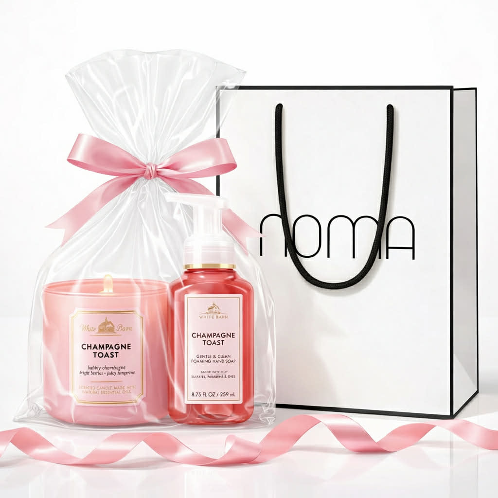 Champagne Toast gjafasett – 3 þráða ilmkerti og froðusápa frá Bath & Body Works í gjafaumbúðum frá NOMA