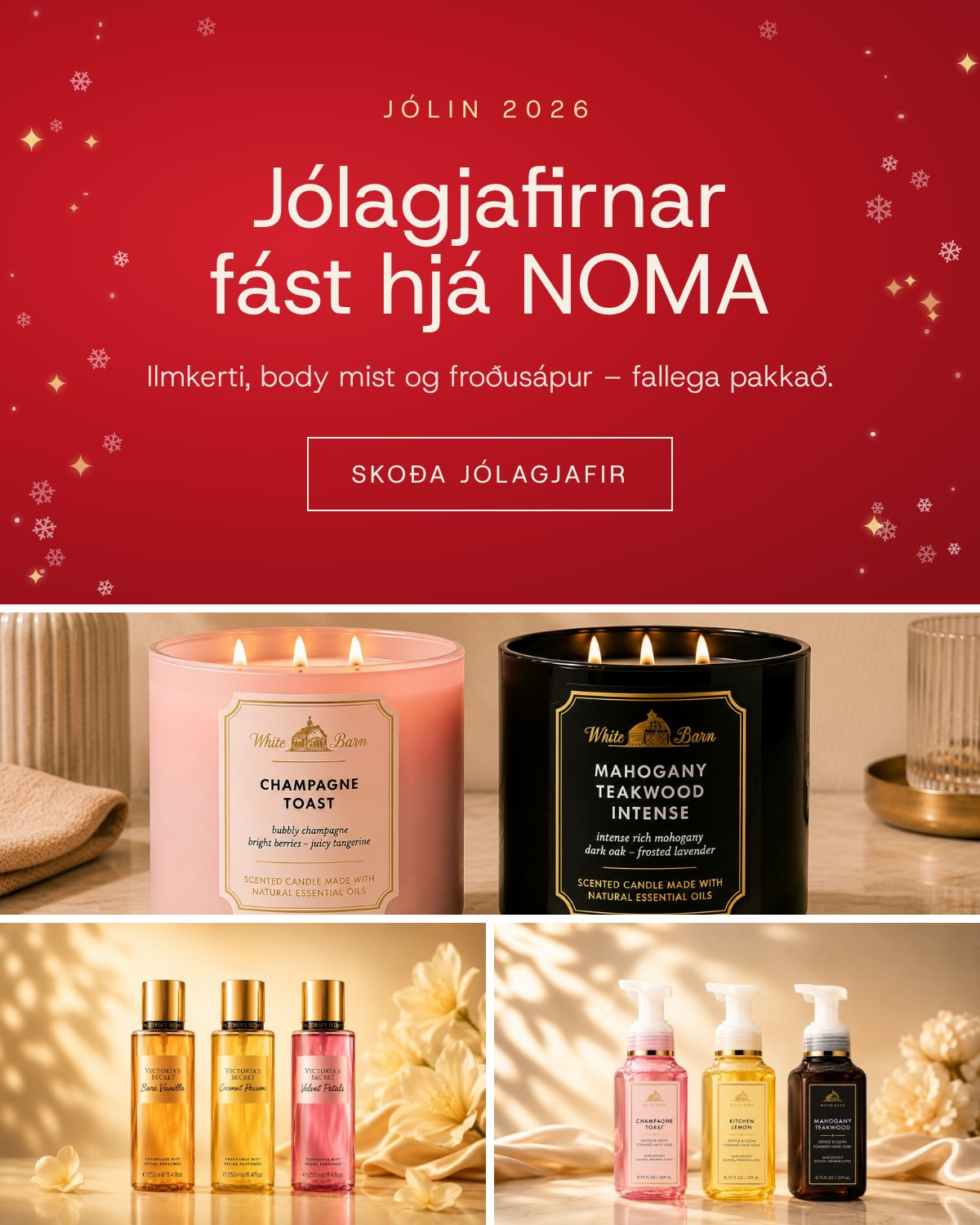 Jólagjafirnar fást hjá NOMA – ilmkerti, body mist og froðusápur